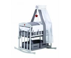 Cuna de colecho roba 4 en 1, con vestiduras Rock star baby, utilizable como cuna de colecho, cuna balancin, cuna normal y banco para niños, fabricada en madera lacada en gris y con vestiduras completas, y ropa de cuna de (80x80cm)