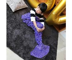 eCrazyBaby Hecho a Mano de Punto Manta de Cola de Sirena, Todas Las Estaciones cálido sofá Cama Sala de Estar Manta para niños, Patrón de Fish-Escalas, 140 x 70 cm, Morado
