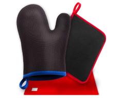 ShyaWorld Manopla Horno Silicona Cocina Pack Guante Resistente al calor de diseño, adecuado para cocinar, hornear. Talla Única. Salvamanteles y Agarradera Color Rojo de Regalo (Pack AZUL)