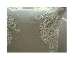 Sea Horse Pearls - Decorativa Funda de Cojin 30 x 30 cm, Square Natural Beige Algodón Lino Yute y Madreperla Bordado