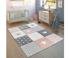 Paco Home Alfombra Infantil Pastel Cuadros Puntos Corazones Estrellas Blanco Gris Rosa, tamaño:140x200 cm