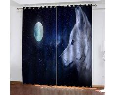 LOVEKKK Blackout Curtain Lobo bajo Las Estrellas Cortina Ocultante con 8 Ojales Suave para Ventanas de Habitación Infantil, 100% Poliéster, 2 Piezas 140x175cm(An x Al)