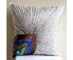 Peacock Beauty - Decorativa Funda de Cojin 50 x 50 cm, Square Marfil Seda Multicolor Lentejuelas y Cuentas