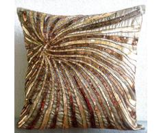 Gold Bloom - Decorativa Funda de Cojin 45 x 45 cm, Square Brown Seda Lentejuelas y Cuentas