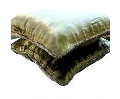 Olive Shimmer - Decorativa Funda de Cojin 35 x 35 cm, Square Verde Oliva Terciopelo Frontera de Cuentas Hecho A Mano