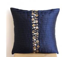 Navy Blue Crystals - Decorativa Funda de Cojin 30 x 30 cm, Square Azul Marino Seda Alforzas y Cristales