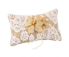 Elegante Cojín Artesanal Rústico de Ganchillo con Flor de Tela de Yute para Anillos de Boda. Complementos. Regalos Originales. Detalles de Bodas, Comuniones, Bautizos. CC