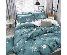 Fansu Ropa de Cama 4 Piezas, Suave Comodo Microfibra Lindo Animal Print Cremallera Funda Nórdica Juego de Cama Sábana Encimera y 2 Fundas de Almohada (150x200cm-1.5M,Gato Verde)