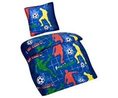 Aminata Kids – Ropa de cama 135 x 200 cm de fútbol Niños Algodón + cremallera azul rojo verde amarillo Jugadores de Fútbol portería de fútbol infantil Ropa de cama Ropa de cama de 2 piezas Set niños edredón de todo el año