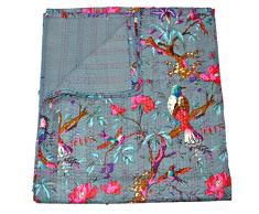 The Ethnic Crafts Gris Colcha Kantha, Kantha Manta, Reina Colcha, diseño de pájaro Print Kantha Manta, Kantha Hecho a Mano Bordado Colcha,