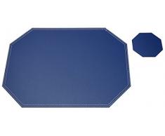 Nikalaz Juego de 2 manteles individuales y posavasos octogonales de piel reciclada, manteles individuales, manteles individuales de 40 x 30 cm, posavasos de 10 x 10 cm (azul)