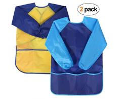 Natuce 2pcs Delantal Infantil Pintura Impermeable Delantales de Niño, Blusón Delantal Babero de Mangas Larga y 3 Bolsillos para Artes y Manualidades, Pintura, Cocina 3-7Años (Amarillo + Azul)
