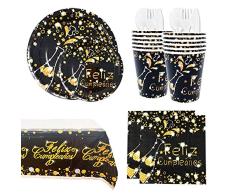 Vajilla Desechable para Cumpleaños de Adultos - Platos, Vasos, Tenedores, Cucharas, Cuchillos, Mantel y Servilletas - Accesorios para Decoración, Color Negro y Dorado - 16 Invitados(Kit Básico)