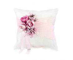 Elegante Cojín Artesanal Blanco con Flores y Lazo Rosa para Anillos de Boda. Complementos. Regalos Originales. Detalles de Bodas, Comuniones, Bautizos. CC