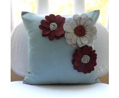 Full Bloom - Decorativa Funda de Cojin 35 x 35 cm, Square Light Blue Suede Flores de Fieltro