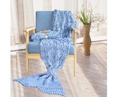Ecrazybaby888 Hecho a Mano de Punto Manta de Cola de Sirena Todas Las Estaciones cálido sofá Cama Sala de Estar Manta para Adultos, Patrón de Fish-Escalas, Azúl Hielo, 195 x 90cm