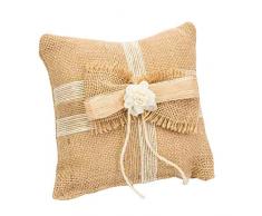 Elegante Cojín Artesanal Rústico de Yute Marrón con Lazo y Flor para Anillos de Boda. Complementos. Regalos Originales. Detalles de Bodas, Comuniones, Bautizos. CC