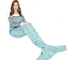 Ecrazybaby888 Hecho a Mano de Punto Manta de Cola de Sirena Todas Las Estaciones cálido sofá Cama Sala de Estar Manta para Adultos, Patrón de Onda, Azúl Claro, 180 x 90cm