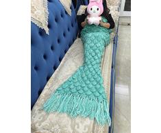 Hecho a mano de punto manta de cola de sirena todas las estaciones cálido sofá cama sala de estar manta para adultos, fish-scales patrón con borla, Verde, 180 x 90cm