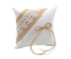 Elegante Cojín Artesanal Rústico de Yute y Encaje con Lazo Marrón para Anillos de Boda. Complementos. Regalos Originales. Detalles de Bodas, Comuniones, Bautizos. CC