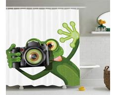 ABAKUHAUS Animal Cortina de Baño, Rana Verde Divertida Fotógrafa Tomando Fotografía con su Cámara Arte Bonito Alegre, Material Resistente al Agua Colores Vibrantes Antibacterial, 175 x 200 cm, Blanco