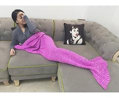 eCrazyBaby Manta de Cola de Sirena ponible, Todas Las Estaciones cálido sofá Cama Sala de Estar Manta De Punto De Ganchillo para niños y Adultos, Classic Patrón, 180 x 90 cm, Rosa Oscuro