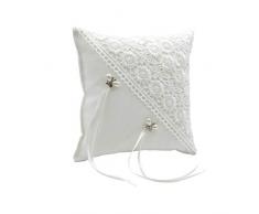 Elegante Cojín Artesanal Blanco con Encaje y Adornos Mariposas con Perlas para Anillos de Boda. Complementos. Regalos Originales. Detalles de Bodas, Comuniones, Bautizos. CC