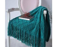 SIMPVALE Manta de Punto con Textura de Punto sólido y Suave Toalla de sofá - Funda de sofá con borlas Decorativas - Manta de Punto multifunción para sofá, Silla, Verde, 127x210cm