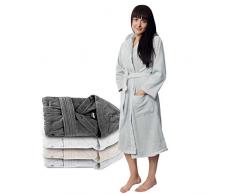 Twinzen Bata Baño con Capucha, Albornoz 100% Algodón para Mujer (M, Gris Estaño), 2 Bolsillos, Cinturón Certificado Oeko Tex - Bata de Baño - Albornoz Suave, Absorbente y Cómodo