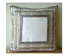 Ivory Treasure - Decorativa Funda de Cojin 35 x 35 cm, Square Marfil Seda Lentejuelas Antiguos Bordado
