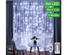 Ollny Cortina de hadas de guirnaldas, luces de cortina de color blanco cálido, resistente al agua, 304 LED de 3 x 3 m, para dormitorio, Navidad, jardín, fiesta, boda, patio, cenador