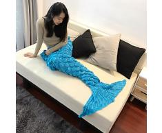 eCrazyBaby Hecho a Mano de Punto Manta de Cola de Sirena, Todas Las Estaciones cálido sofá Cama Sala de Estar Manta para niños y Adultos, Patrón de Fish-Escalas, 180 x 90 cm, Azúl Claro