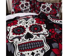 CHAOSE Juego de Sábanas Calavera 3D roja y Negra Funda Nórdica de Algodón y poliéster 3 Piezas (1 Funda Nórdica + 2 Funda de Almohada 48x74cm) (Rojo, (180x220 cm+2/74x48cm)- Cama 105/135)