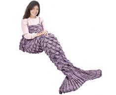 Ecrazybaby888 Hecho a Mano de Punto Manta de Cola de Sirena Todas Las Estaciones cálido sofá Cama Sala de Estar Manta para Adultos, Patrón de Fish-Escalas, Morado Claro, 180 x 90cm