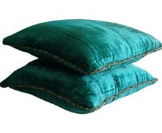 Royal Peacock Green Shimmer - Decorativa Funda de Cojin 50 x 50 cm, Square Royal Peacock Verde Terciopelo Frontera de Cuentas Hecho A Mano