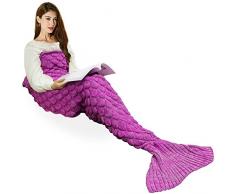 eCrazyBaby Hecho a Mano de Punto Manta de Cola de Sirena, Todas Las Estaciones cálido sofá Cama Sala de Estar Manta para niños y Adultos, Patrón de Fish-Escalas, 180 x 90 cm, Rosa Oscuro