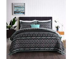 Qucover Colcha Bouti Pique, para Cama 150 o Cama 135,Manta Funda para Verano Invierno Cama Matrimonio,Sobrecama Ropa de Cama,3 Piezas Cubierta Cama Reversible,colchas Indias Patchwork (Negro)