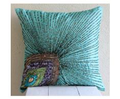 Peacock Grace - Decorativa Funda de Cojin 60 x 60 cm, Square Aqua Blue Seda Lentejuelas y Cuentas