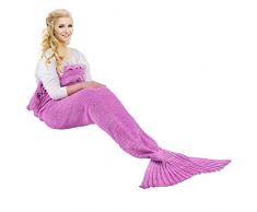 Ecrazybaby888 Hecho a Mano de Punto Manta de Cola de Sirena Todas Las Estaciones cálido sofá Cama Sala de Estar Manta para Adultos, Patrón Clásico con Encaje, Rosa Oscuro, 180 x 90cm