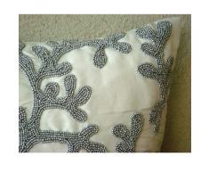 Silver Coral - Decorativa Funda de Cojin 45 x 45 cm, Square Blanco Seda Plata Cuentas Bordado
