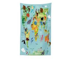 ABAKUHAUS Viajeros Tapiz de Pared y Cubrecama Suave, Animal Mapa del Mundo para Niños Dibujos Infantil Montaña Bosque, Resistente a la Suciedad, 140 x 230 cm, Verde Amarillento