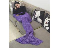eCrazyBaby Manta de Cola de Sirena ponible, Todas Las Estaciones cálido sofá Cama Sala de Estar Manta De Punto De Ganchillo para niños y Adultos, Classic Patrón, 180 x 90 cm, Púrpura