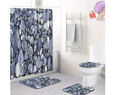 Enhome Juego de Alfombras de Baño 4 Piezas 3D Impresión con Impermeable Cortinas de Ducha, Alfombrilla de Baño, Funda Tapa de Inodoro y Alfombra de U Forma (Grises Guijarros,Pequeña)