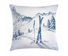 abaku Casa Invierno Almohada, esquí Deporte Montaña Visión, 45 x 45 cm, decoración Fundas de Almohada Lavable Inn/Outdoor benutz Impresión a Doble Cara Cremallera, Azul, Blanco