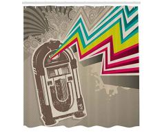 ABAKUHAUS Rocola Cortina de Baño, Radio Antigua Vintage Retro Fiesta con Diseño de Zigzag Colorido Imagen, Material Resistente al Agua Colores Vibrantes Antibacterial, 175 X 200 cm, Gris Pálido
