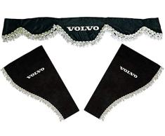 AutoCommerse - Juego de 3 cortinas de satén con borlas blancas, visera frontal + ventanas laterales para camiones de la serie FH FM FL FE, color negro