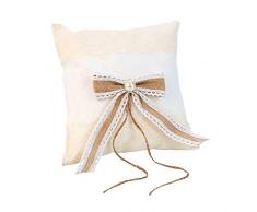 Elegante Cojín Artesanal Rústico con Lazo de Tela de Yute con Perla para Anillos de Boda. Complementos. Regalos Originales. Detalles de Bodas, Comuniones, Bautizos. CC
