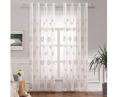 MIULEE 2 unidades Cortinas Bordado Translucida de Dormitorio Moderno Ventana Visillos Rayas Salon Paneles con Ojales Plateados para Sala Cuarto Comedor Salon Cocina Habitación 140x175cm Hortensia Café