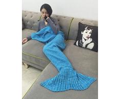 eCrazyBaby Manta de Cola de Sirena ponible, Todas Las Estaciones cálido sofá Cama Sala de Estar Manta De Punto De Ganchillo para niños y Adultos, Classic Patrón, 180 x 90 cm, Azúl Claro