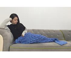 eCrazyBaby Hecho a Mano de Punto Manta de Cola de Sirena, Todas Las Estaciones cálido sofá Cama Sala de Estar Manta para niños y Adultos, Patrón de Fish-Escalas, 180 x 90 cm, Azúl